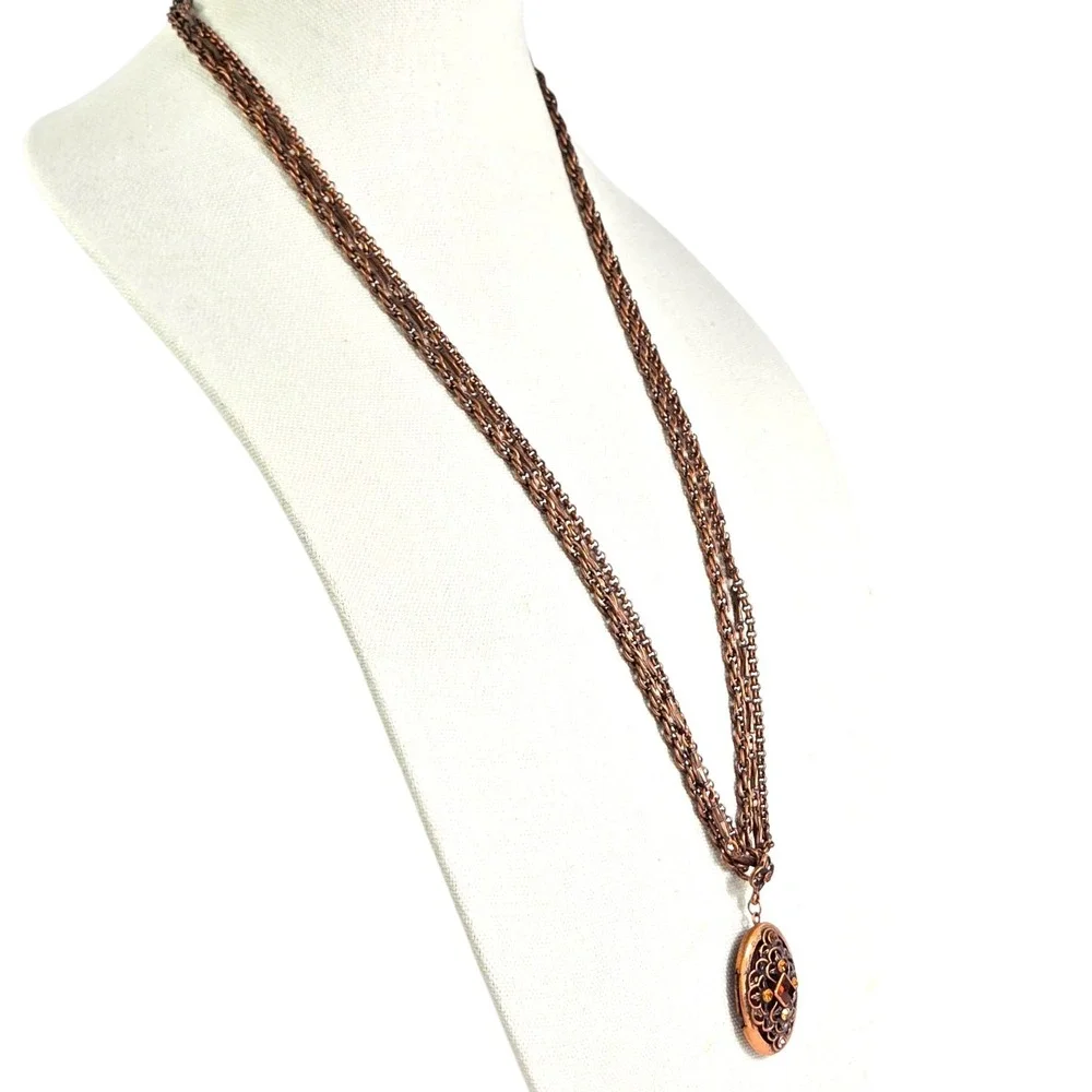 1928 Jewelery Co Copper Rinestone Picture Locket Necklace Victorian NWOT Vintage